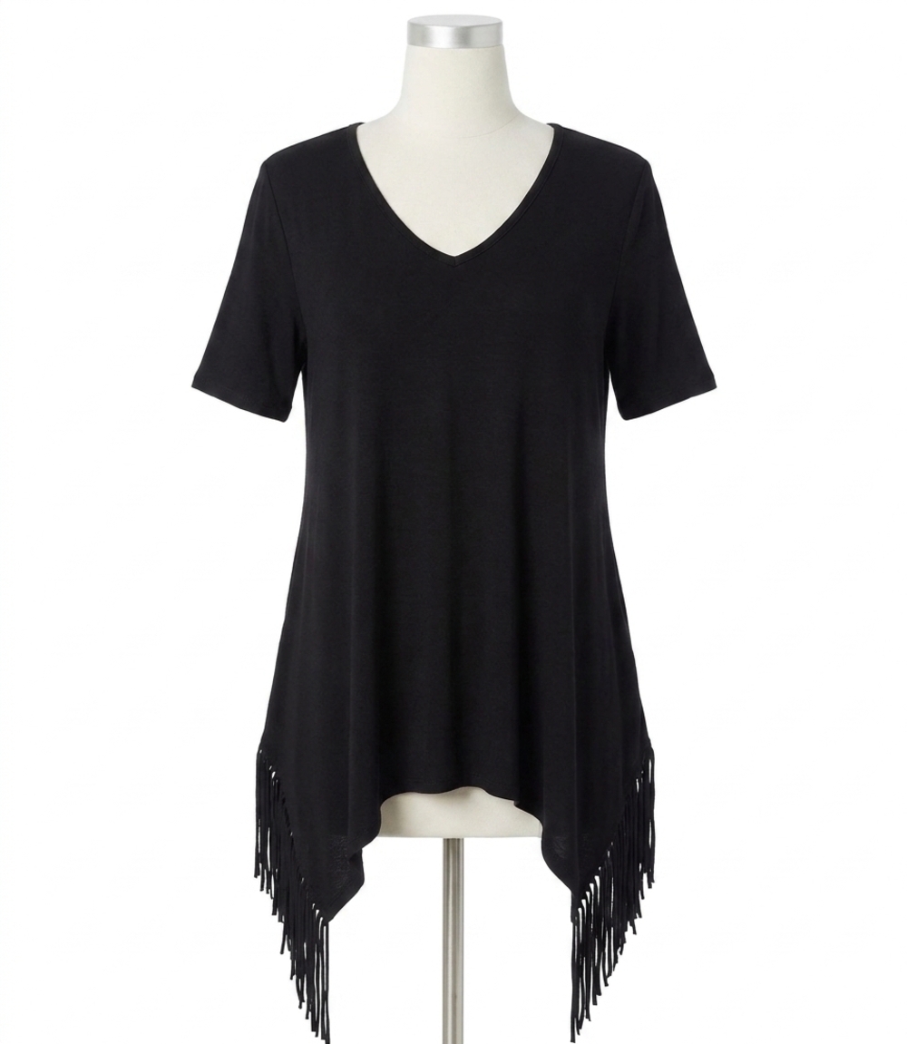 NEW KAREN KANE petite short sleeve fringe top in black